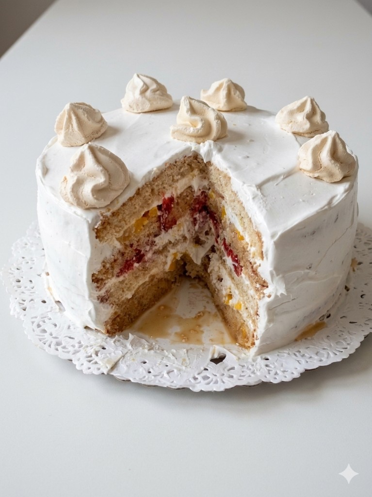 Torta con merengues y frutas